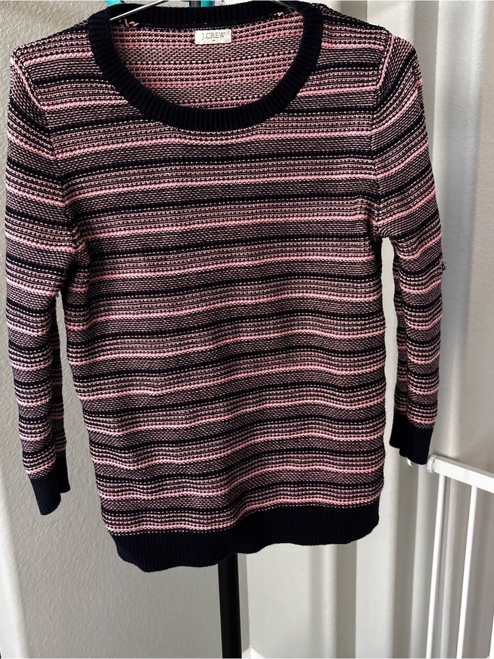 J. Crew Navy and Pink Striped Crewneck Sweater